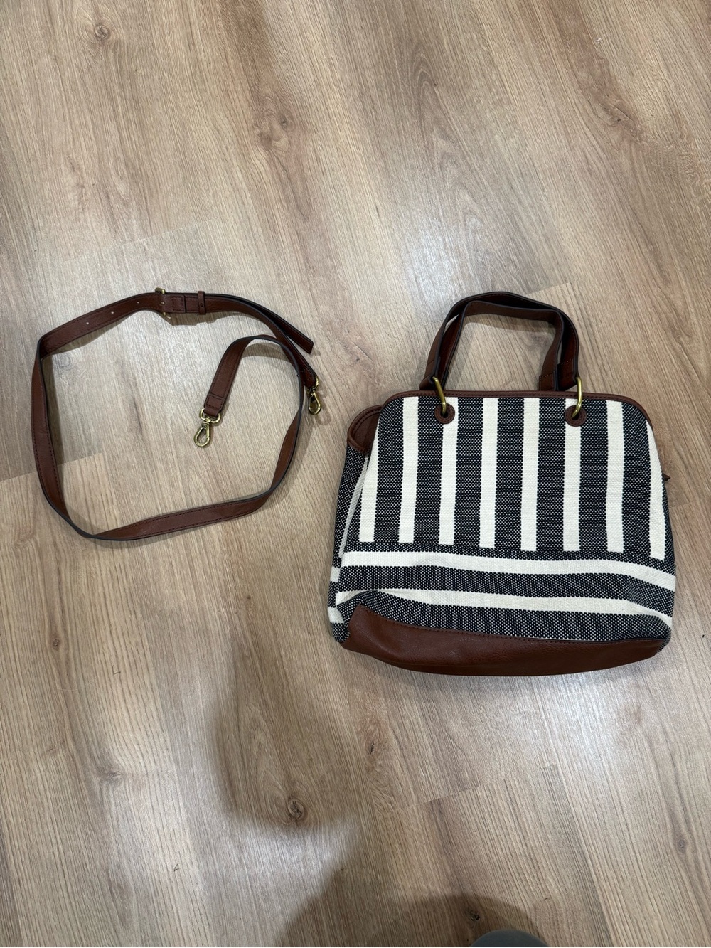 Fossil Black & White Striped Crossbody Satchel with Brown Trim
